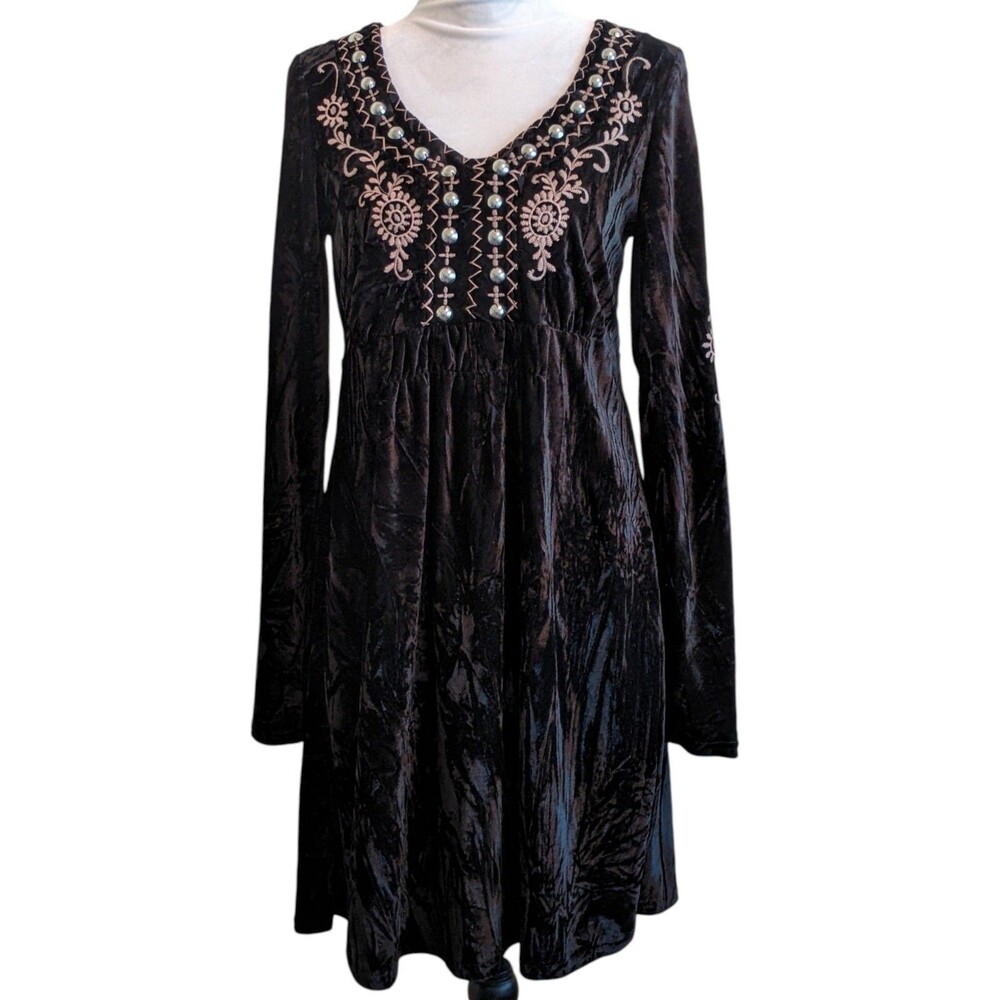 ROPER Cowgirl Western Velvet Black Dress Embroidered Silver "Studs" Size M